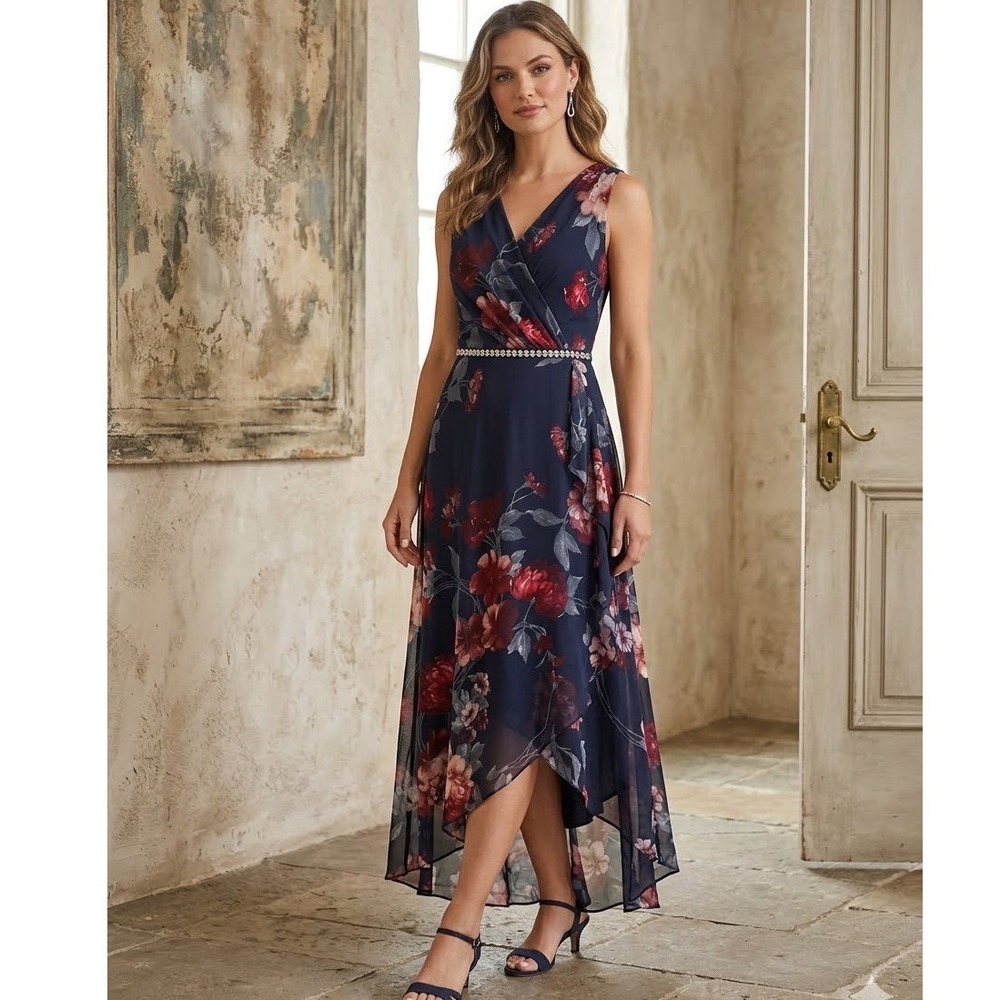 Alexa B Nites Navy Floral Mesh High Low Maxi Dress Rhinestone Waist 6 Glam